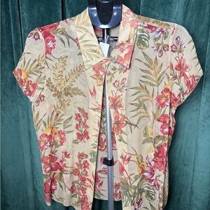 Charter Club 100% Silk Beige Sheer Button-Down Red Hawaiian Floral Print 10